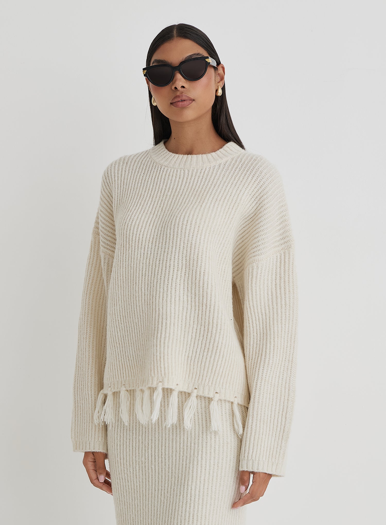 Cream Oversized Tassle Trim Jumper